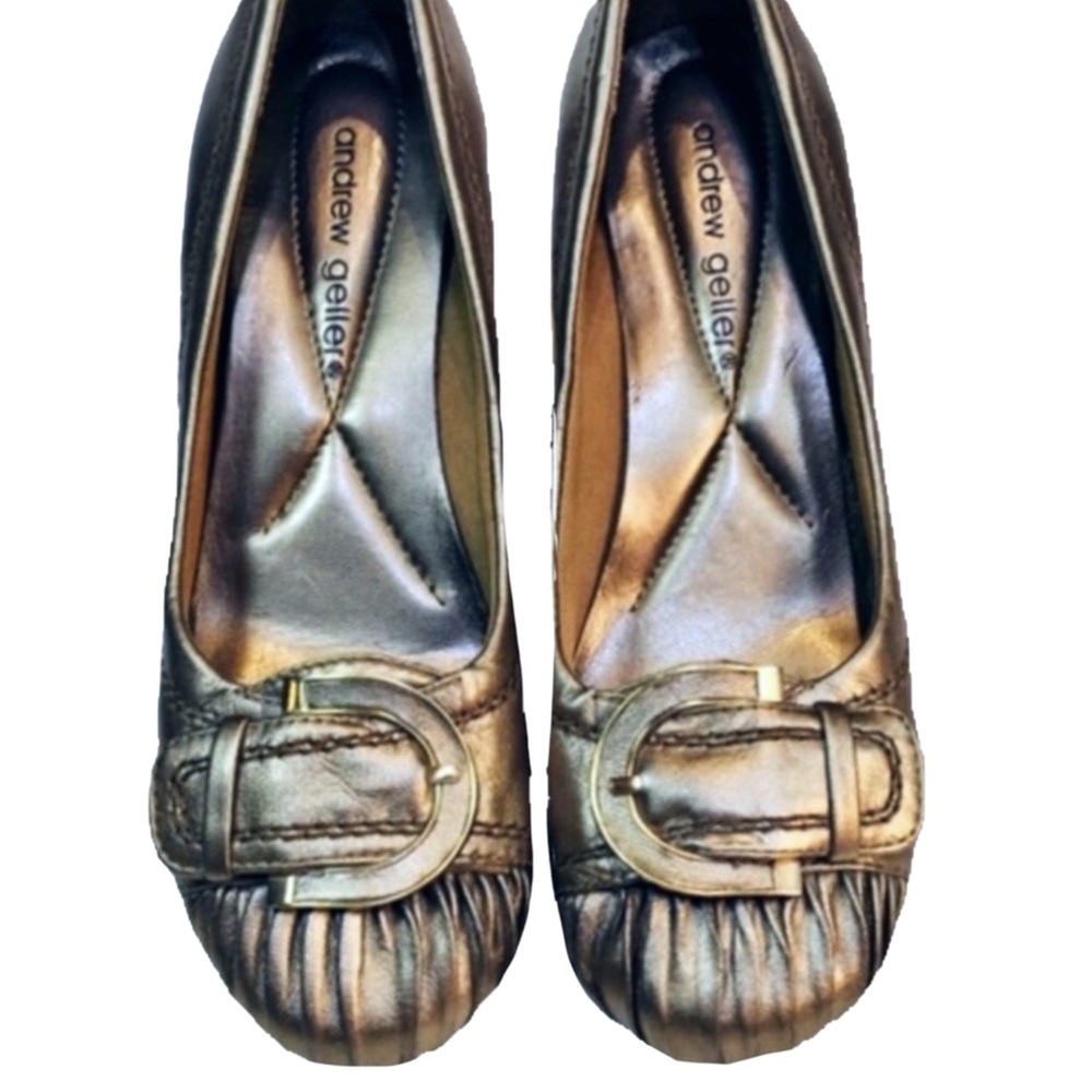 Andrew Gellar Metallic Leather Low Wedge Pumps